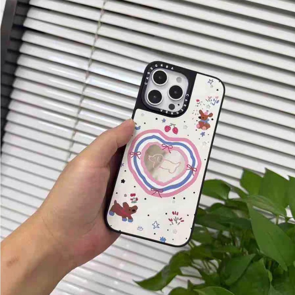Playful Heart & Animal Pattern Phone Case - White/Pink/Blue